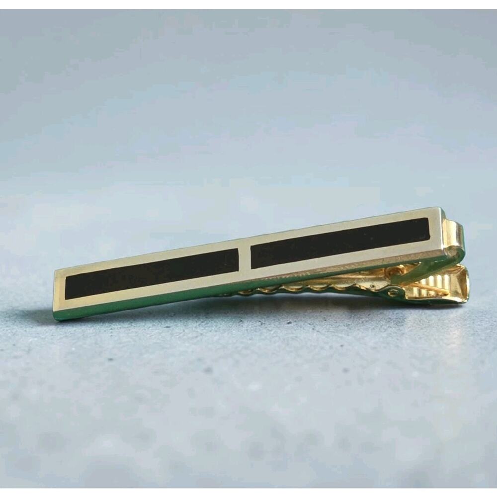 Vintage Tie Bar Black Enamel Inlaid Gold Tone MCM 2.5" SKU 3444